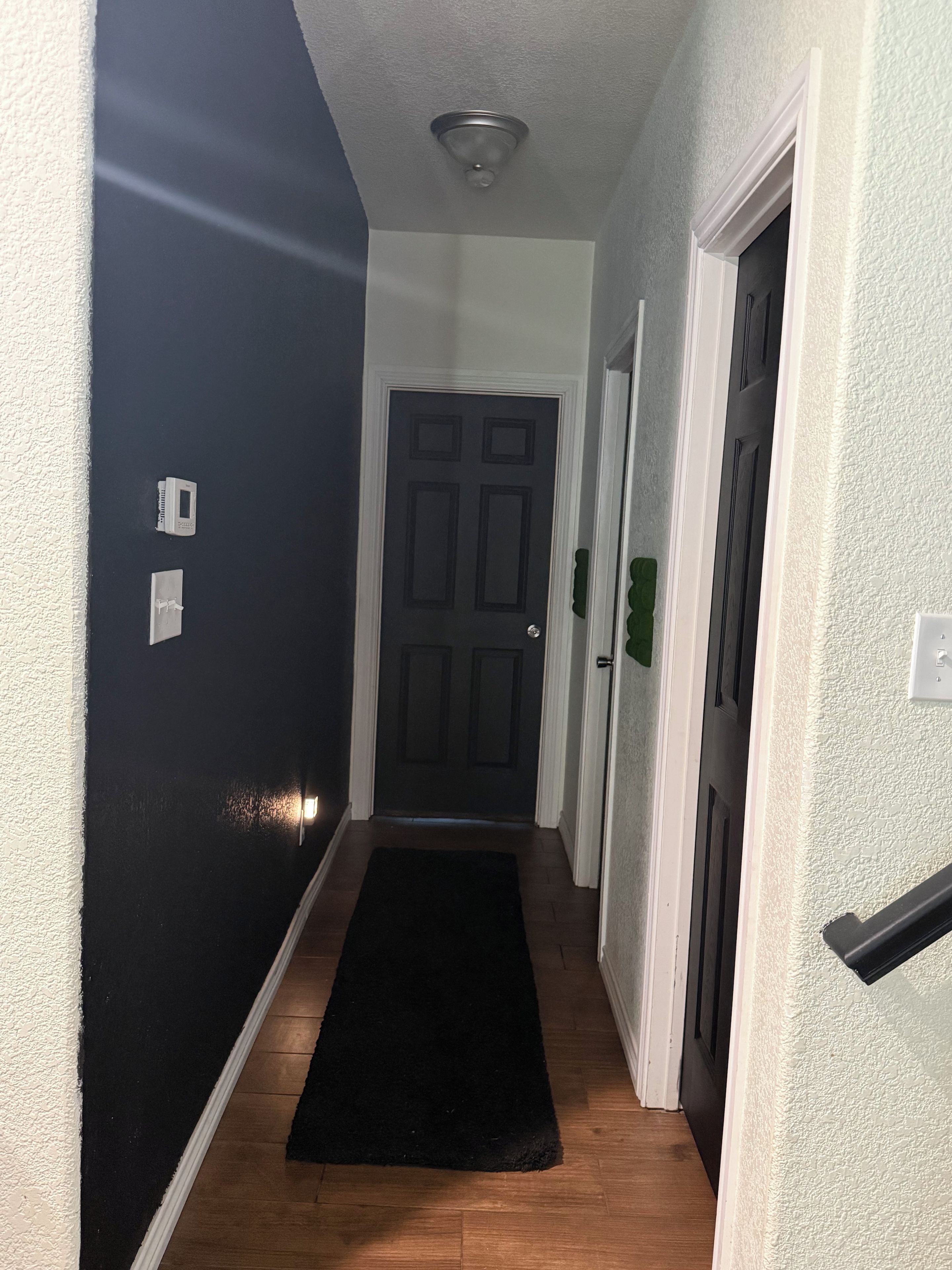 A hallway with a black carpet leading to a door with a white frame.