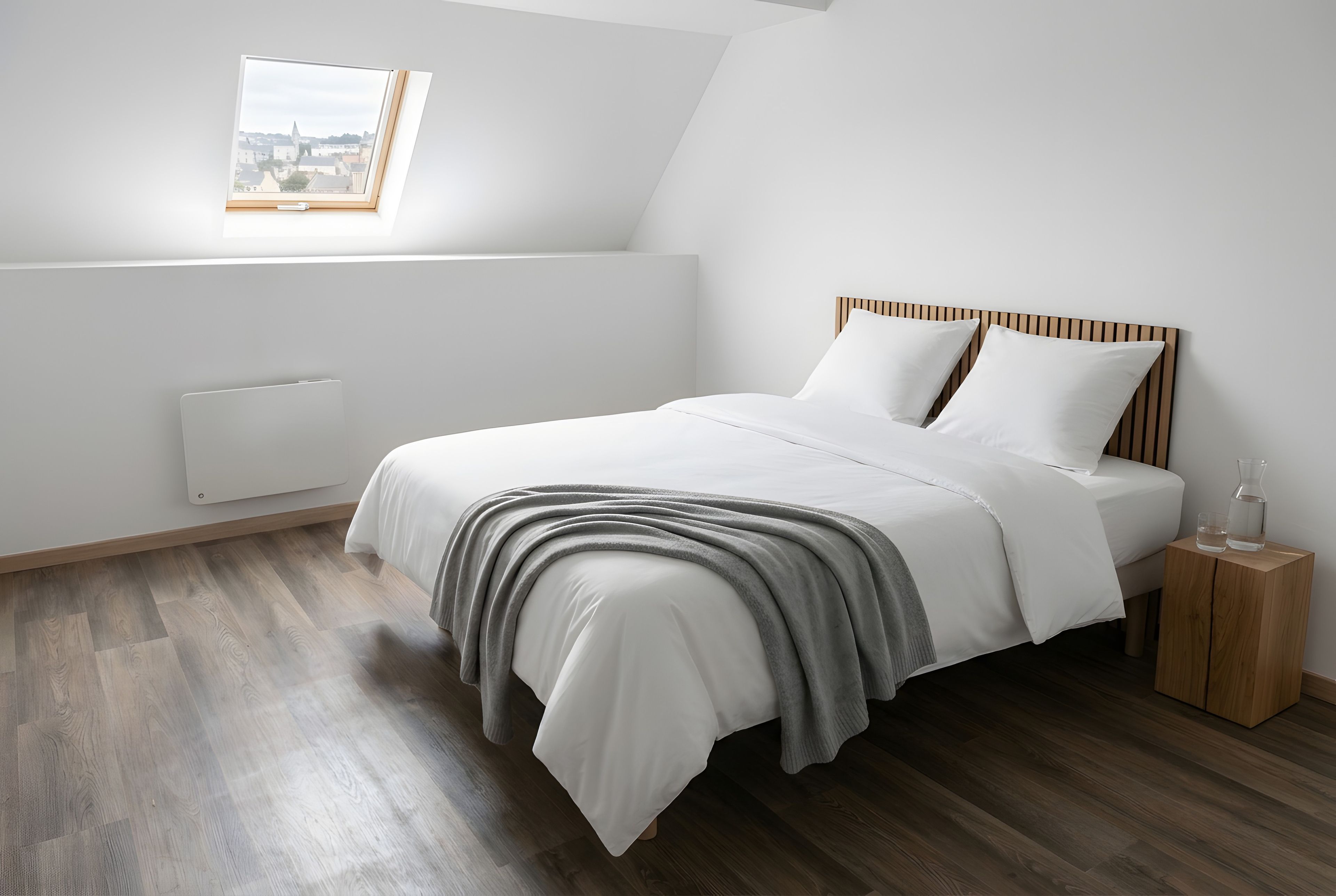 Ein Schlafzimmer mit einem Bett, einem Nachttisch, einem Tischchen, einem Fenster und einer Heizung.