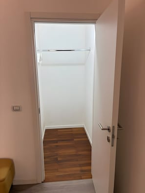 Ein Schrank mit einem großformatigen Spiegel, Holzboden und einer weißen Tür.