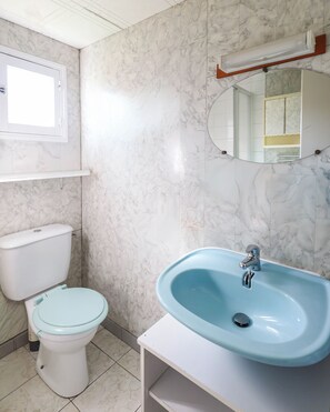 Un baño con inodoro, lavabo y espejo.