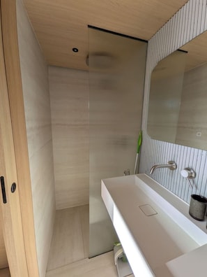 Een moderne badkamer met een douche, een witte wastafel en een spiegel.