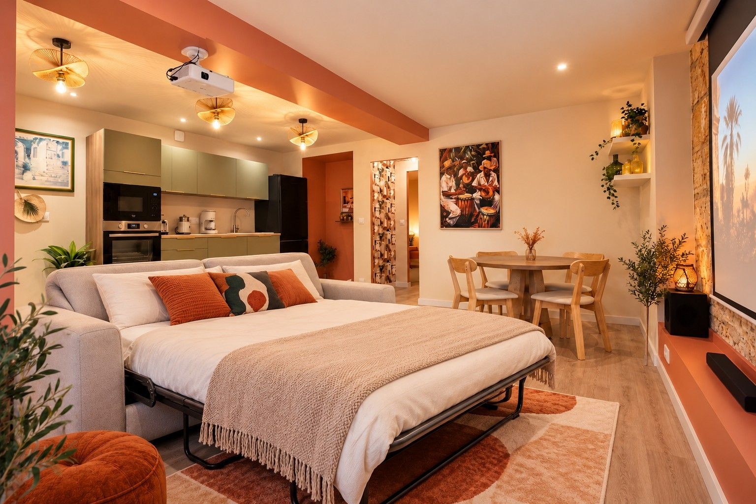 A modern bedroom with a large bed, a dining area, and a kitchen in the background.
