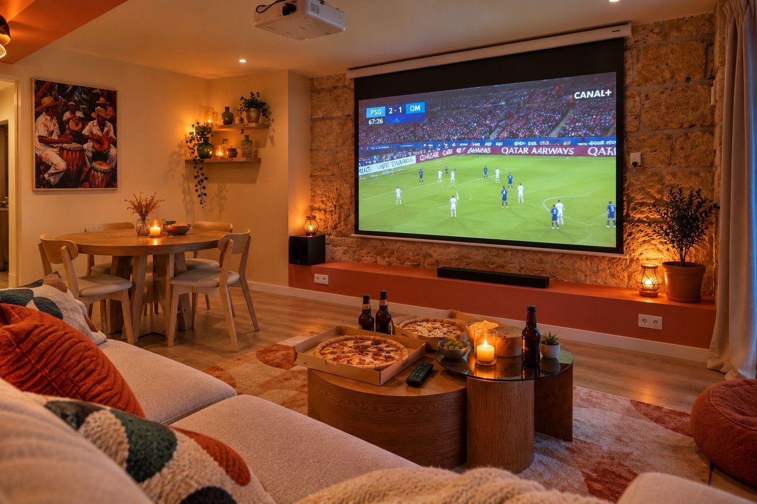 Un salon confortable avec un grand téléviseur à écran plat, des meubles en bois et une boîte à pizza.