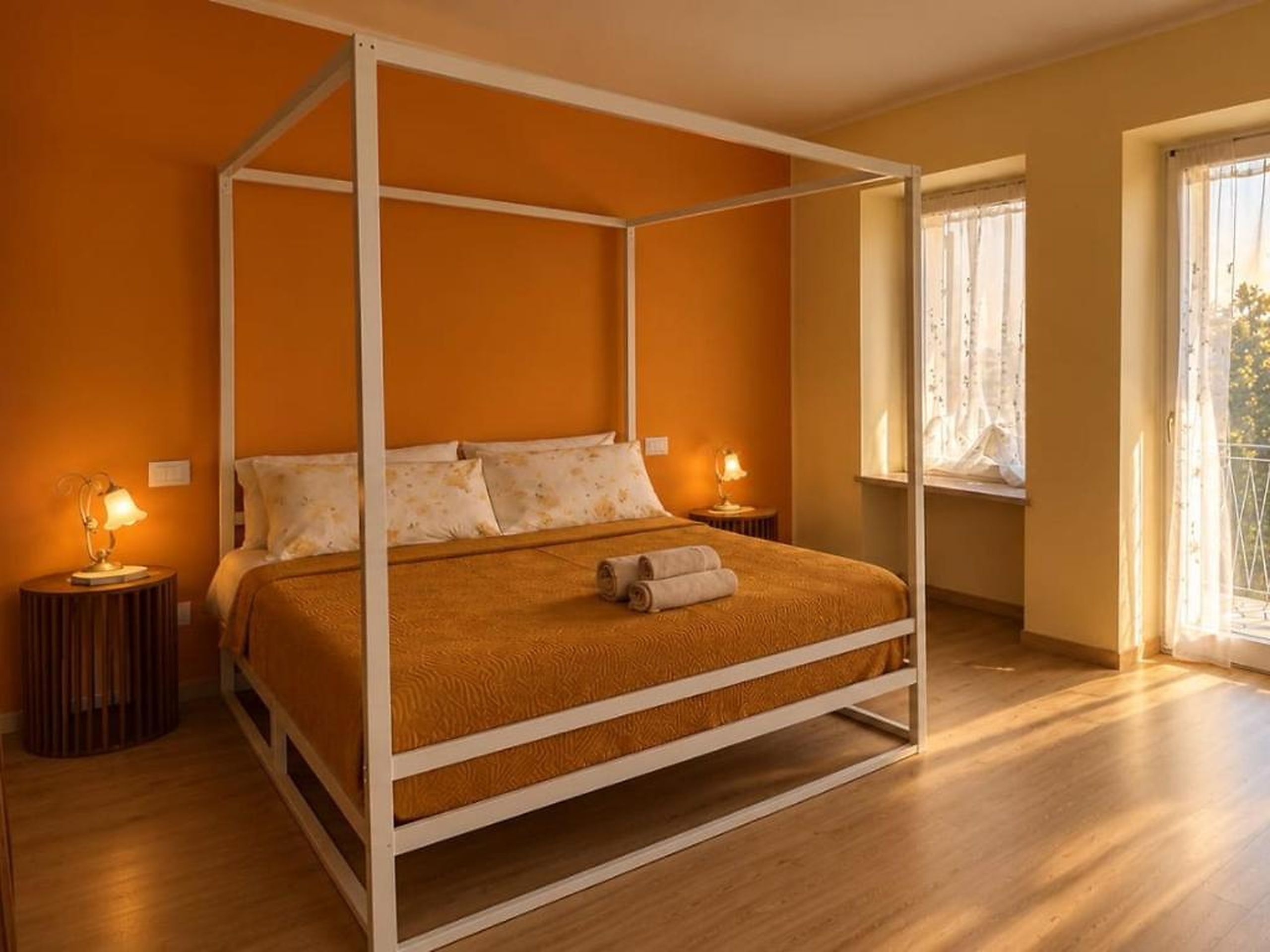 Un lit à baldaquin avec un cadre en bois et une couvre-lit marron, deux lampes de chevet et une fenêtre avec des rideaux.