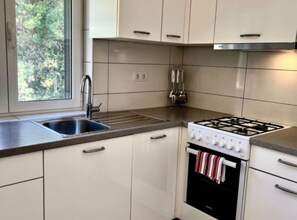 A kitchen with a gas stove, a sink, and cabinets. - Paradise Apartments-studio Apartment With sea View and Balcony 5 (Jelsa)