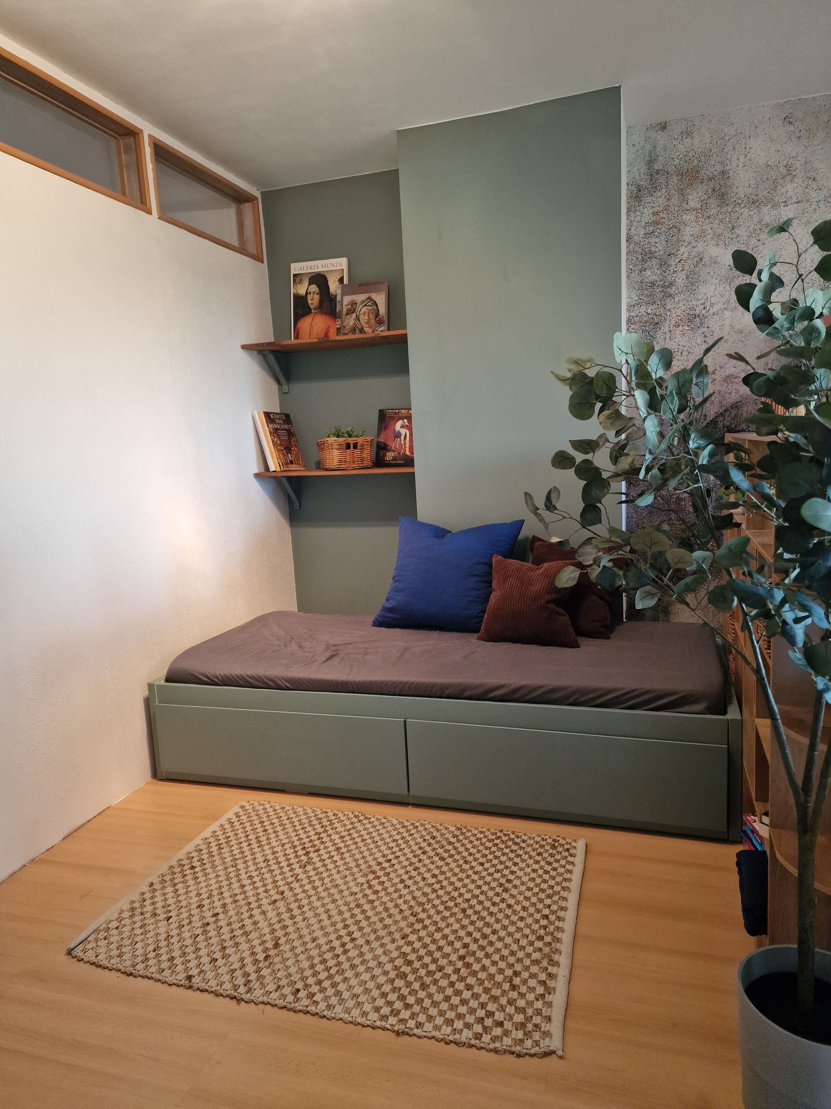 Une chambre à coucher avec un lit, une étagère remplie de livres, une plante et un tapis tissé.
