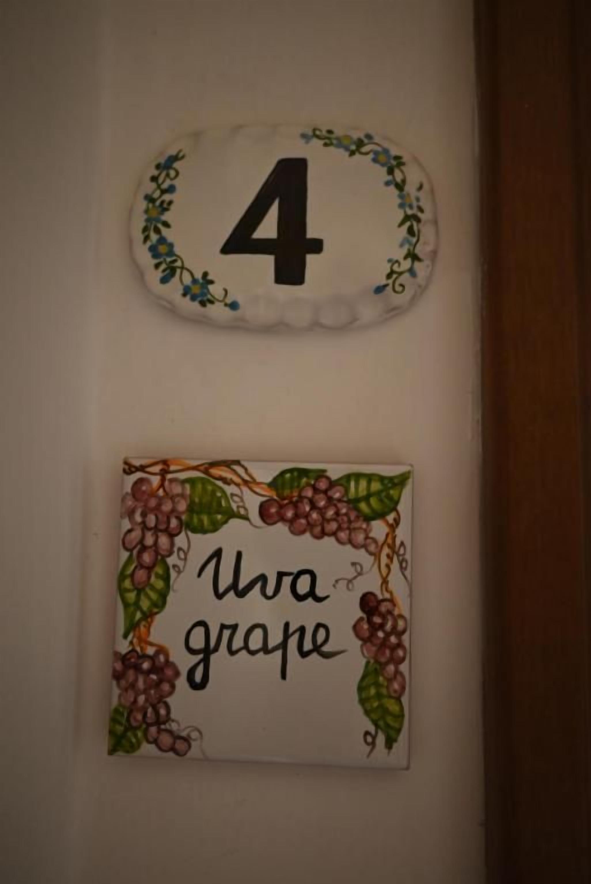 Two wall decorations, one with the number 4 and another with grape illustrations and the text 'uva grape'.