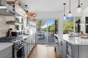 A modern kitchen with a large island, built-in appliances, and a view to a deck. - Chapel Cove Waterfront Home near Whitewater Lake (Whitewater)