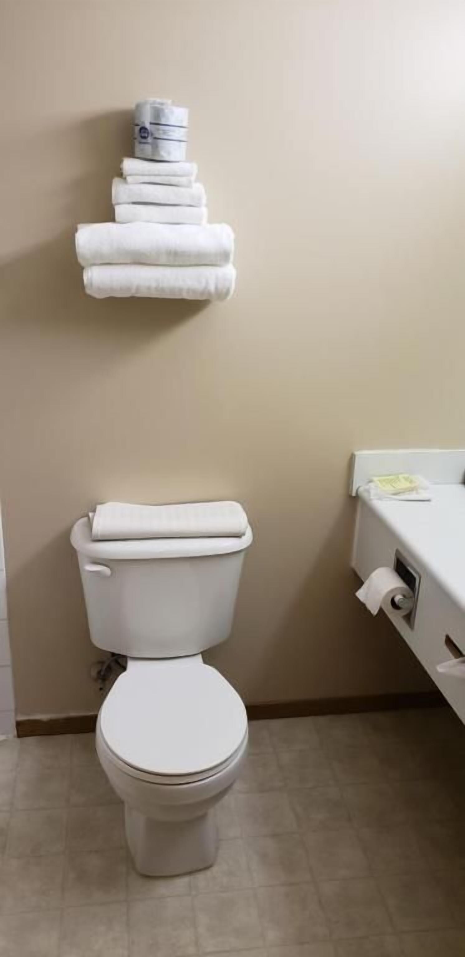 A bathroom with a toilet, a towel rack with folded towels, and a toilet paper holder.