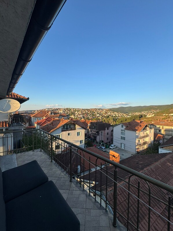 A balcony with a view of a residential area, a satellite dish, and a railing.