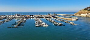 A marina with numerous boats docked in calm waters, a pier extending into the sea, and a hilly landscape in the background.