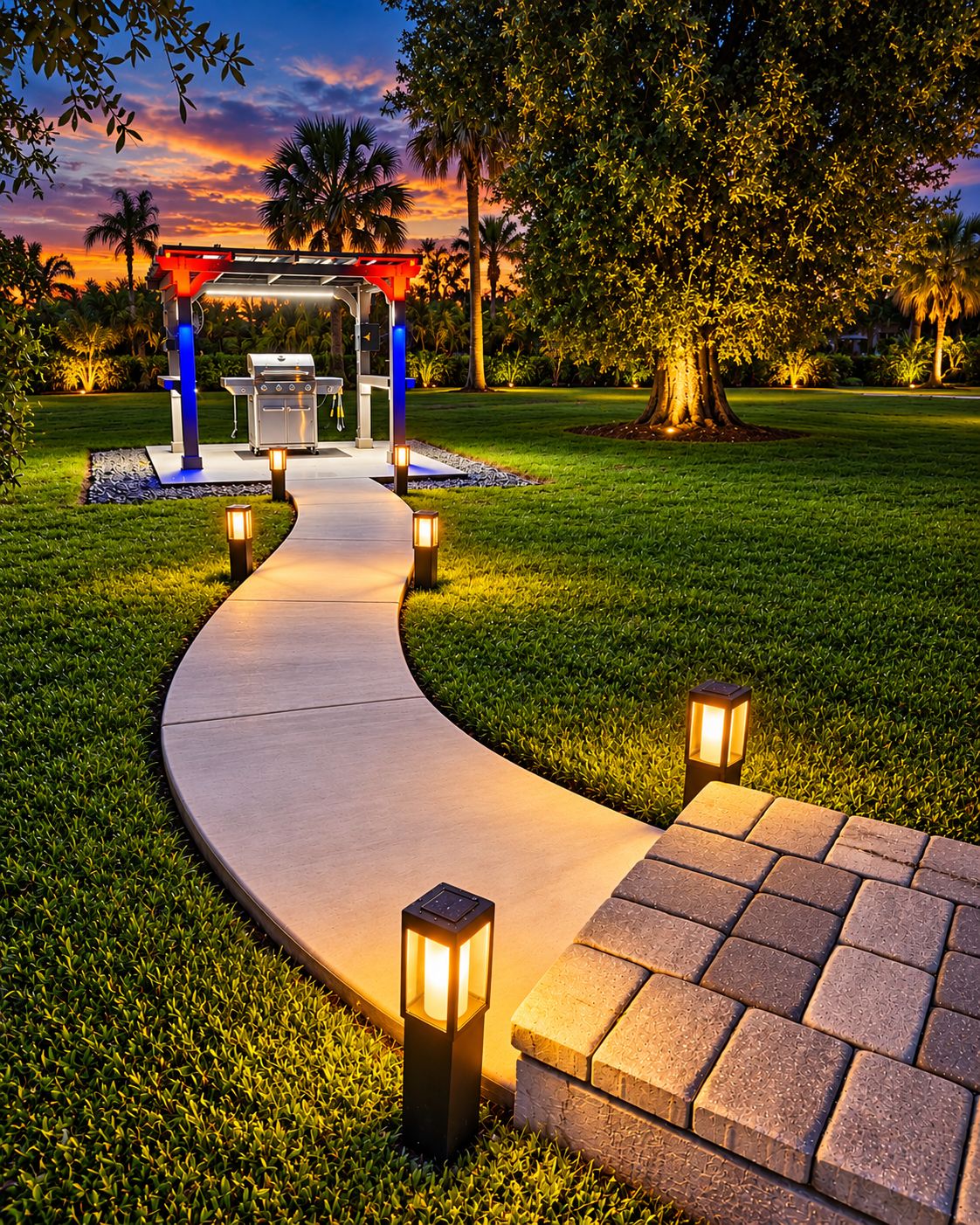A pathway leading to a gazebo with a grill, surrounded by well-maintained grass and trees.
