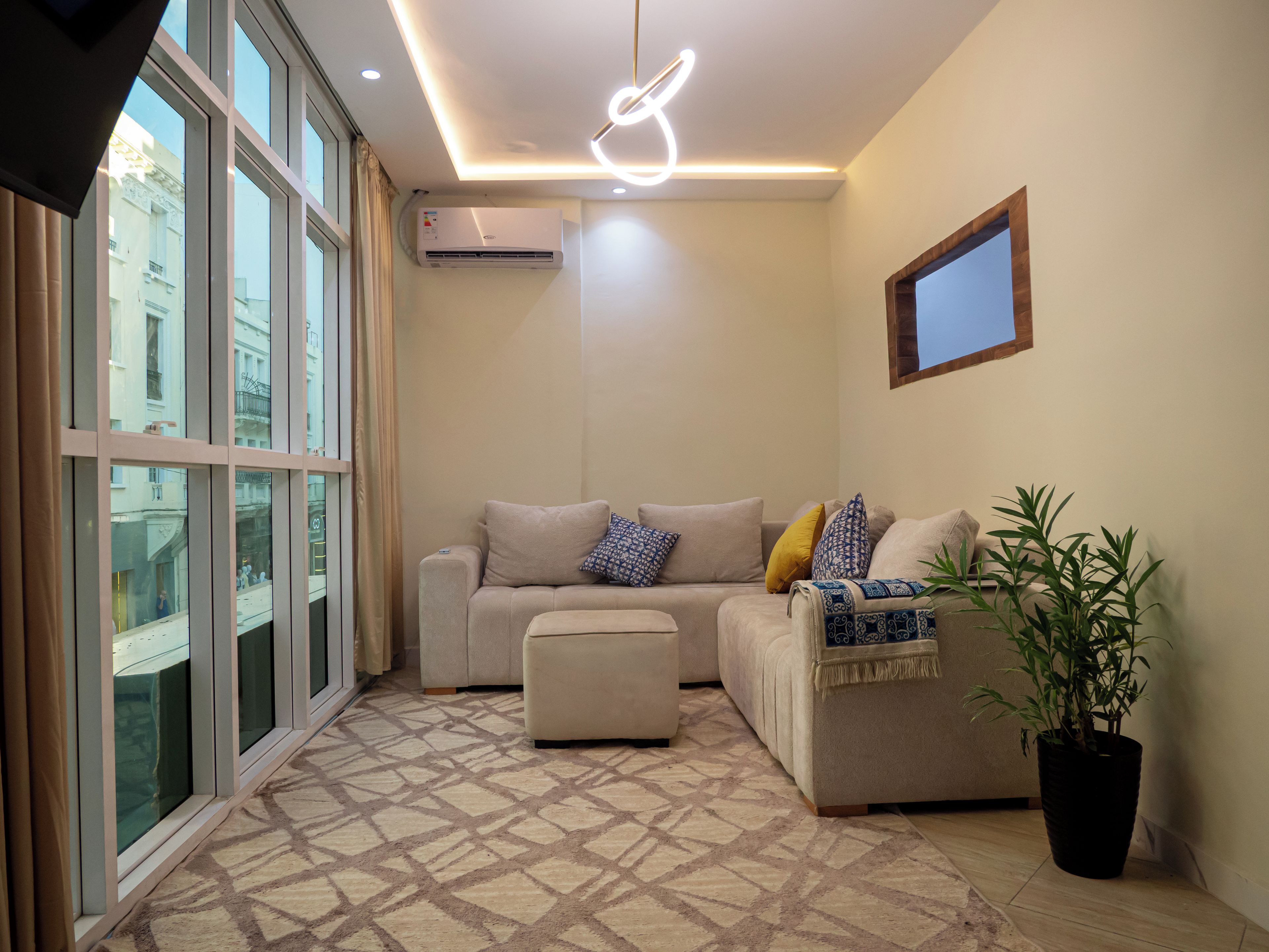 A modern living room with a sofa, ottoman, and a potted plant.