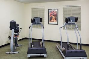 Een fitnessruimte met loopbanden en een hometrainer.