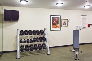 A gym with a rack of dumbbells, a bench, a television, and a framed picture on the wall.