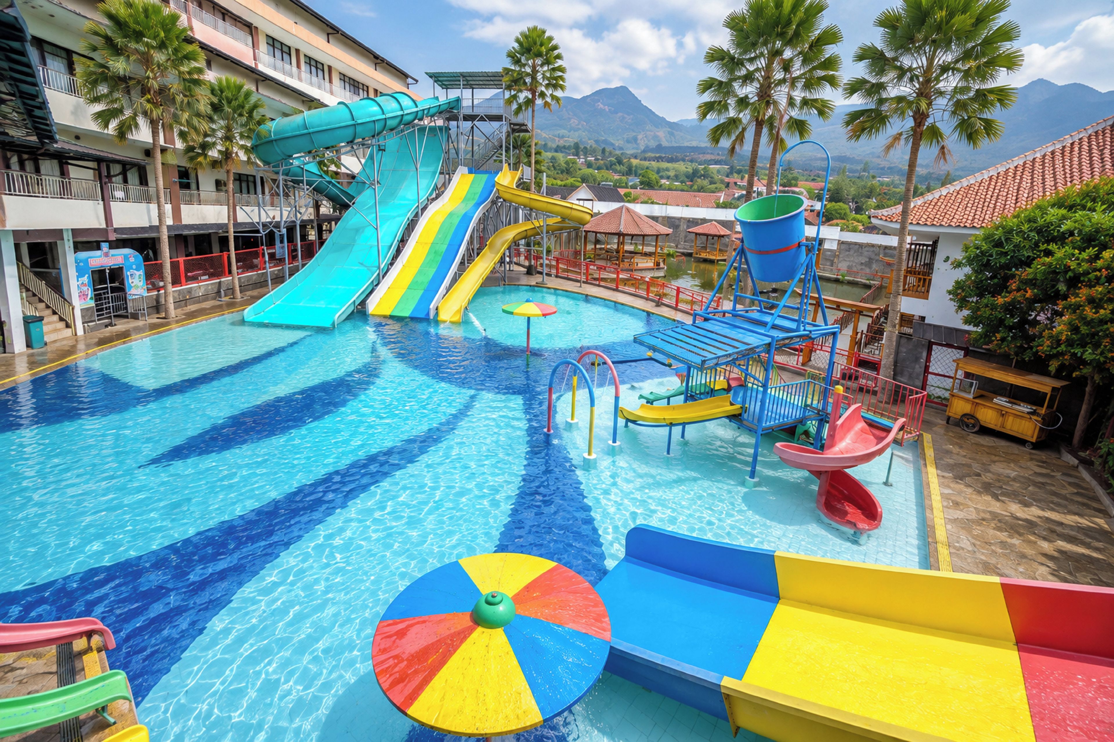 A swimming pool with multiple slides and a water park area, surrounded by palm trees and buildings.