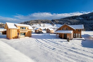 Un conjunto de cabañas de madera cubiertas de nieve, cielo despejado y montañas boscosas al fondo.