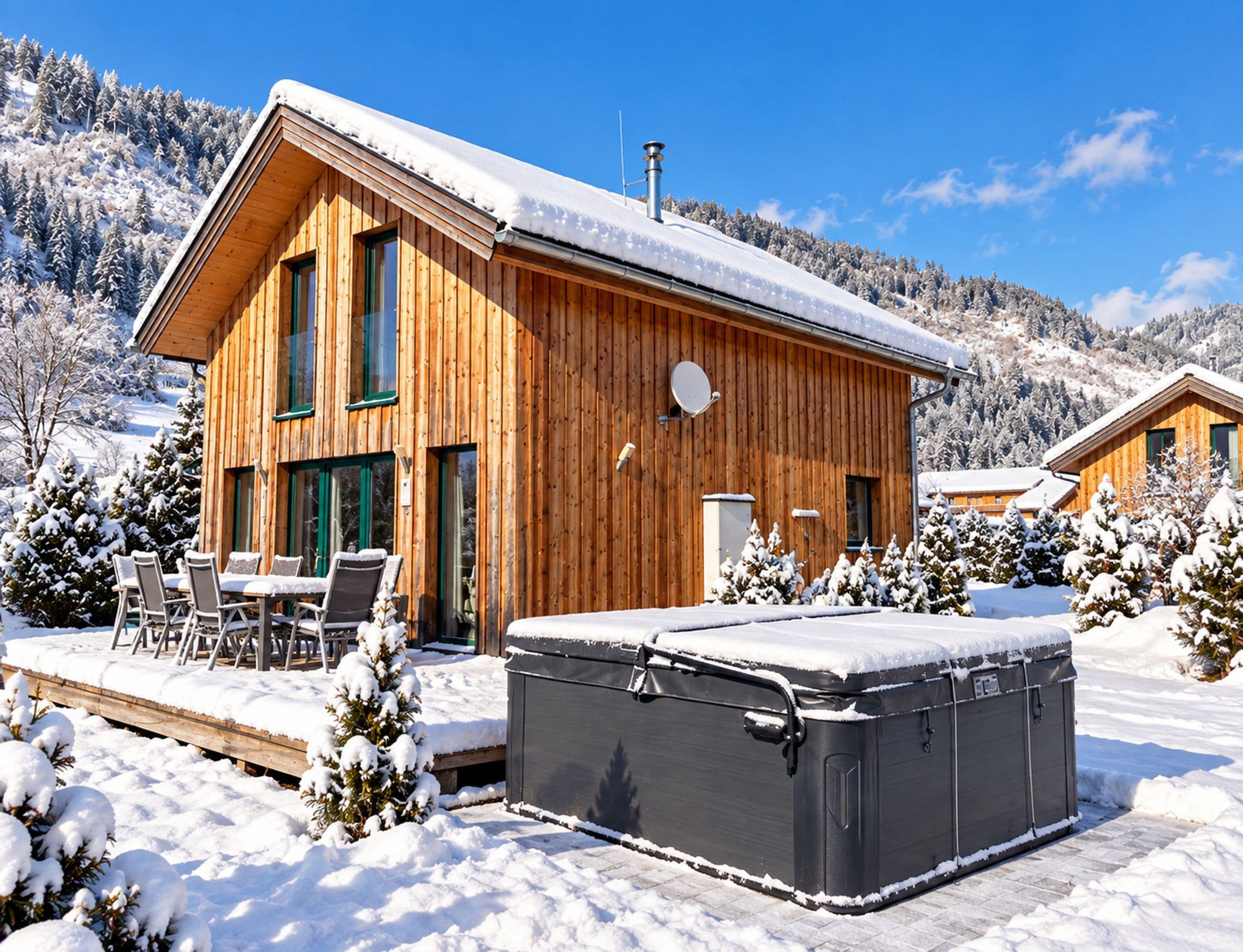 Una cabaña de madera con un jacuzzi y comedor, rodeada de árboles y colinas cubiertas de nieve.