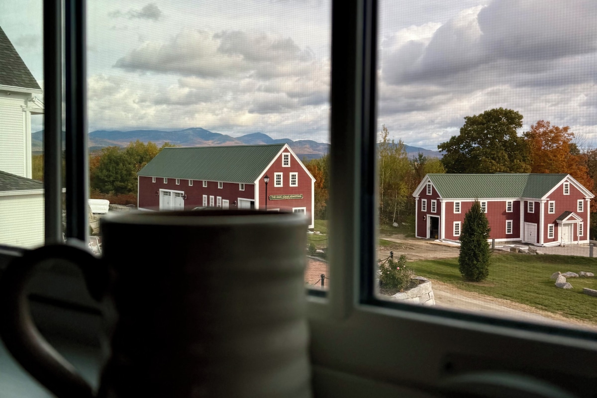 A view through a window with a potted plant on the sill, overlooking a red building with a green roof and a white fence.