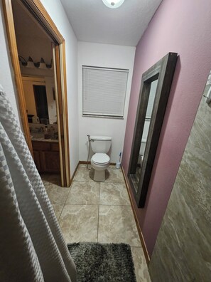 Ein Badezimmer mit Toilette, einem Fenster mit Jalousien, einem Spiegel und einem Teppich auf dem Boden.