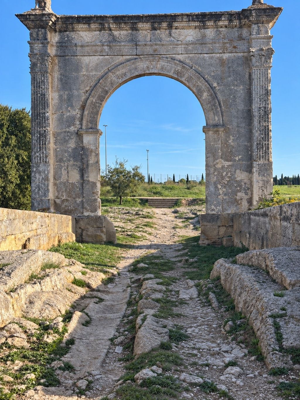 Un arc en pierre antique, avec un sentier qui le traverse.