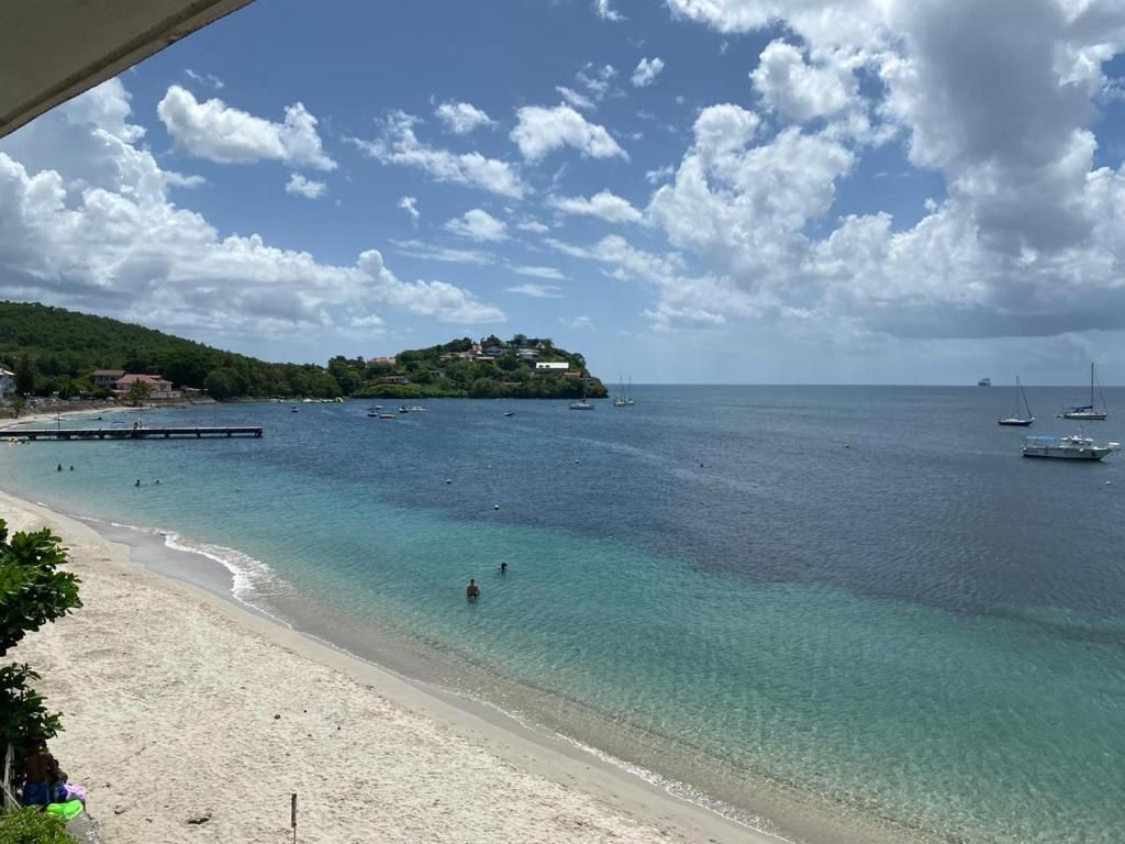 Una playa costera con aguas transparentes, un muelle y embarcaciones.