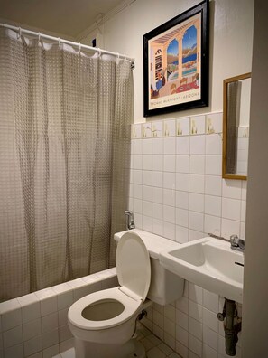 Ein Badezimmer mit Toilette, Waschbecken und Duschvorhang.