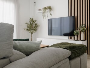 Un saló modern amb un sofà gris, una televisió plana penjada a la paret, una petita planta en test i un panell de paret de llistons de fusta.