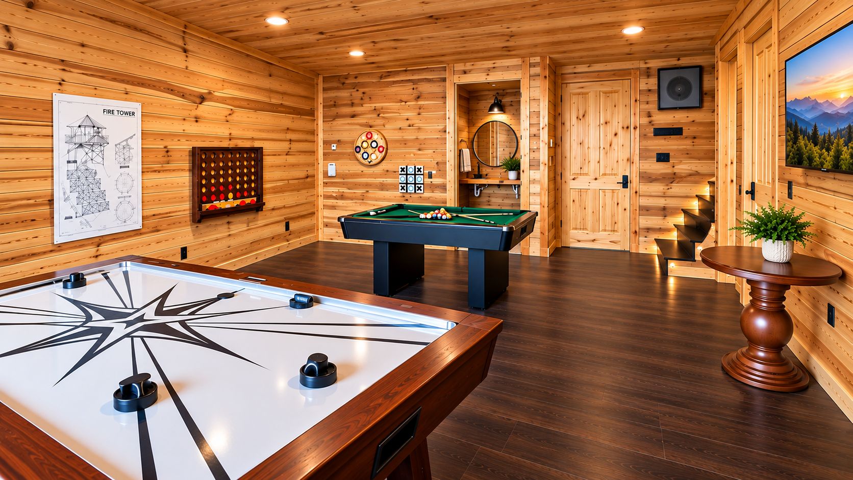 A wooden-floored room with a pool table, a foosball table, and a billiards table.