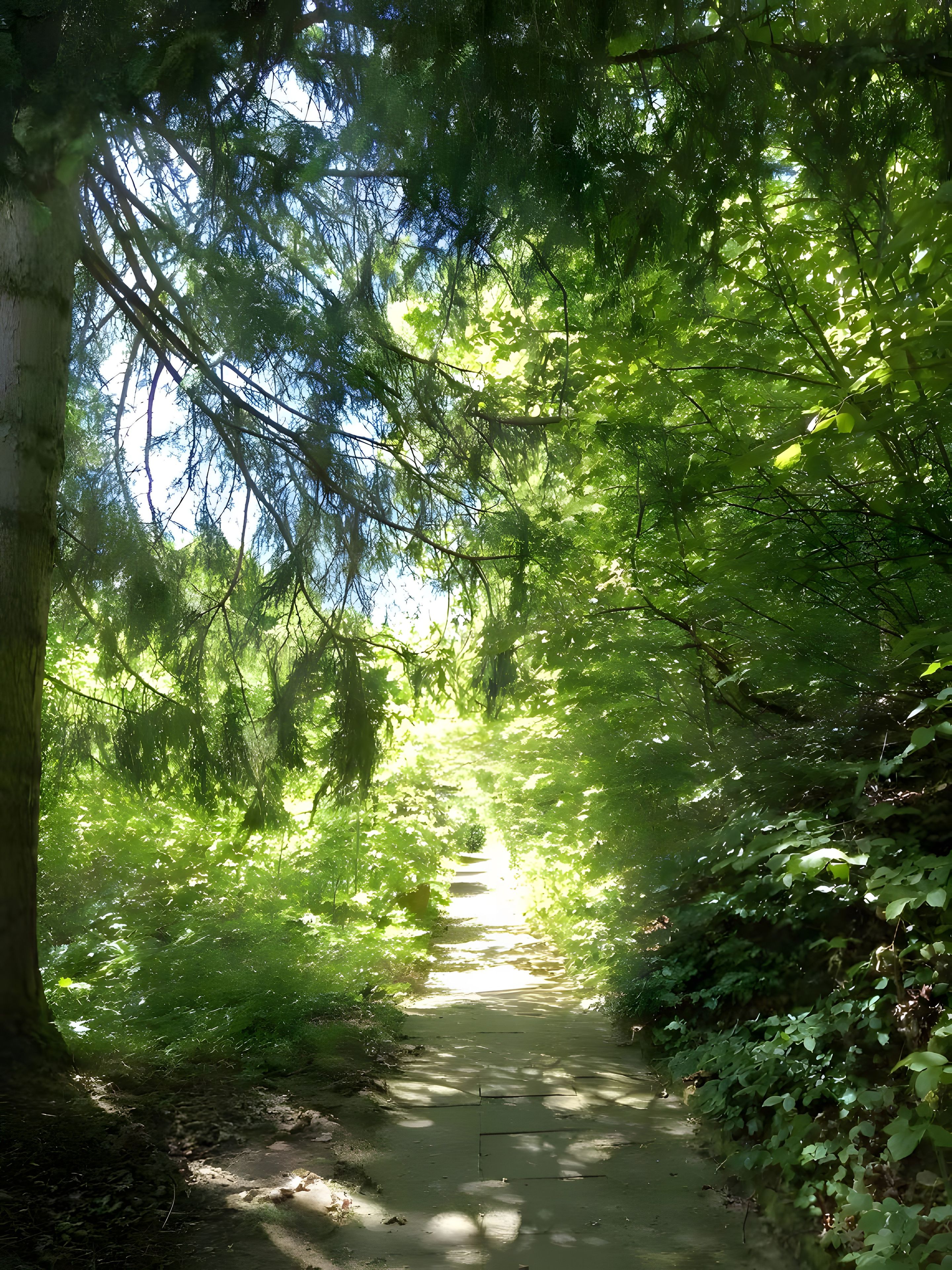 A forest path with dense foliage on both sides.