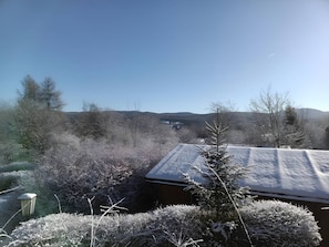 Une maison dont le toit est recouvert de neige, entourée d’une végétation givrée et sous un ciel dégagé.