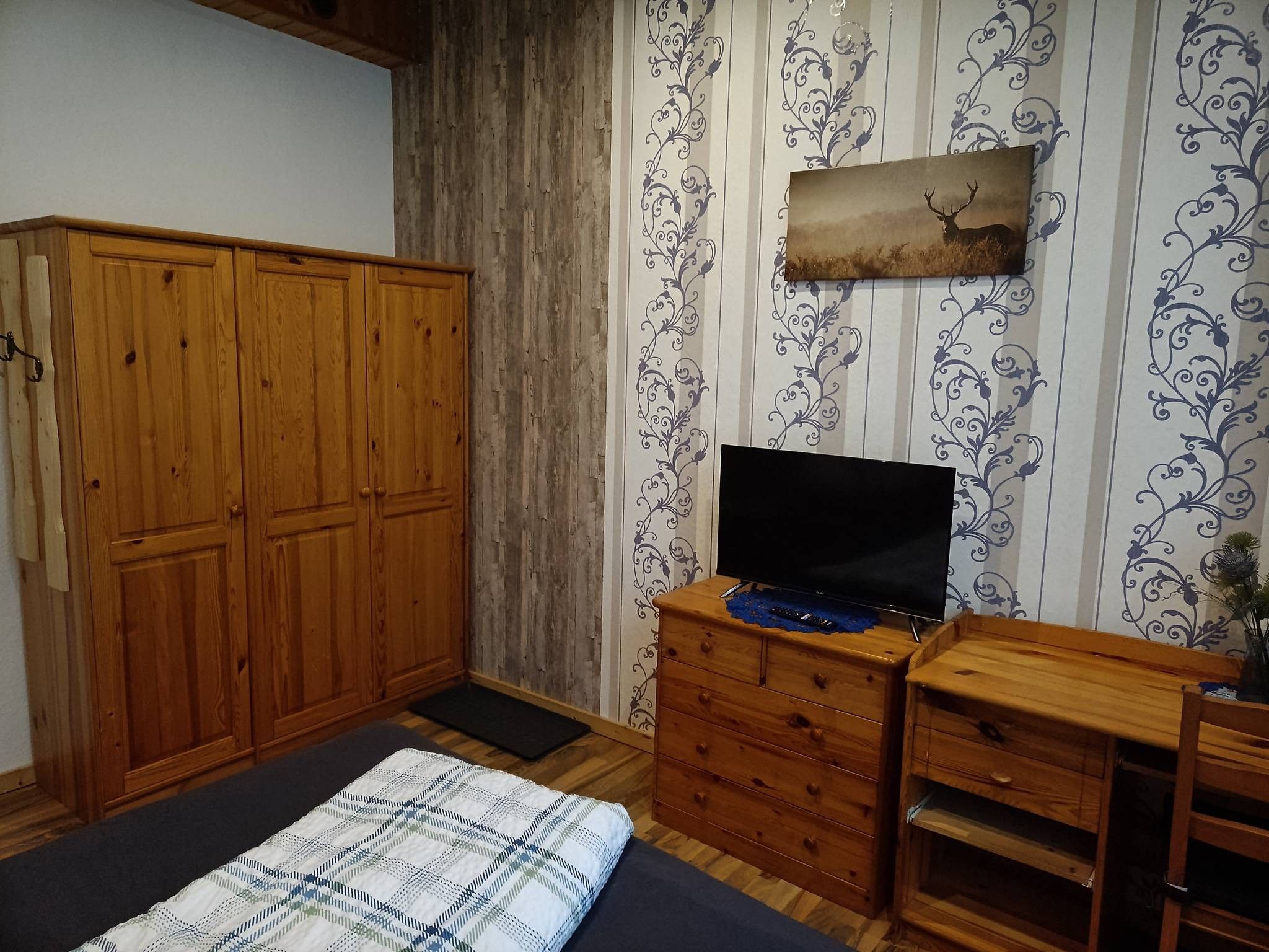 A bedroom with a wooden wardrobe, a television on a dresser, a bed with a patterned bedspread, and a decorative wall with a painting of a deer.