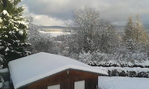 Een houten hut met een sneeuwbedekte dak, omringd door met sneeuw beladen bomen en een bewolkte lucht.