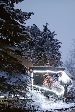 Een besneeuwde buitenruimte met een metalen constructie, mogelijk een beschutting, en bomen vol met sneeuw.