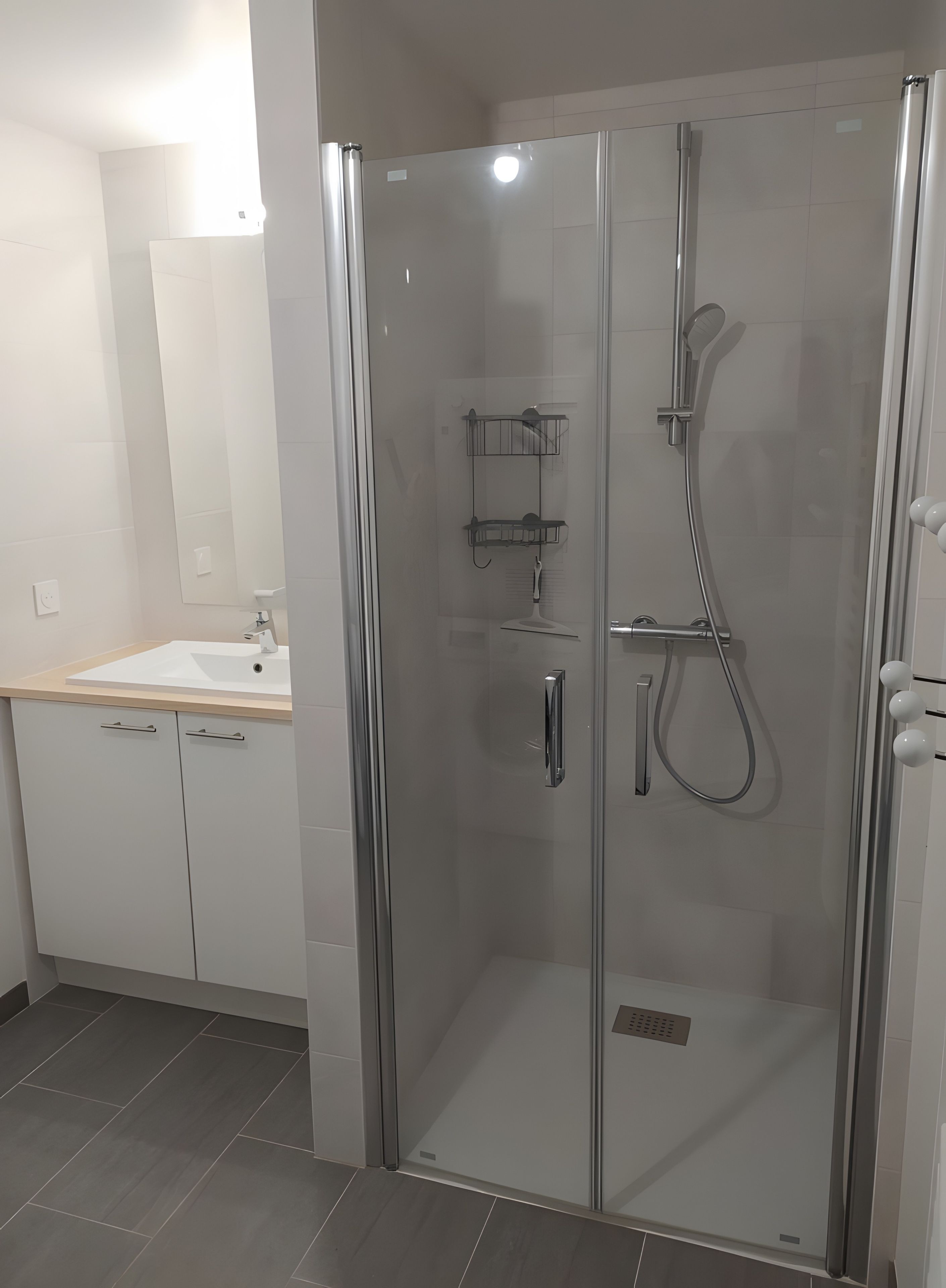 Une salle de bain moderne avec une douche à parois de verre, un lavabo avec un miroir et des toilettes.