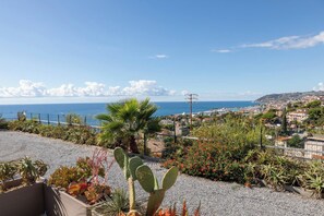 Eine Küstenlandschaft mit vielfältiger Vegetation, darunter Kakteen und blühende Pflanzen, sowie ein Blick auf das Meer und eine Stadt in der Ferne.