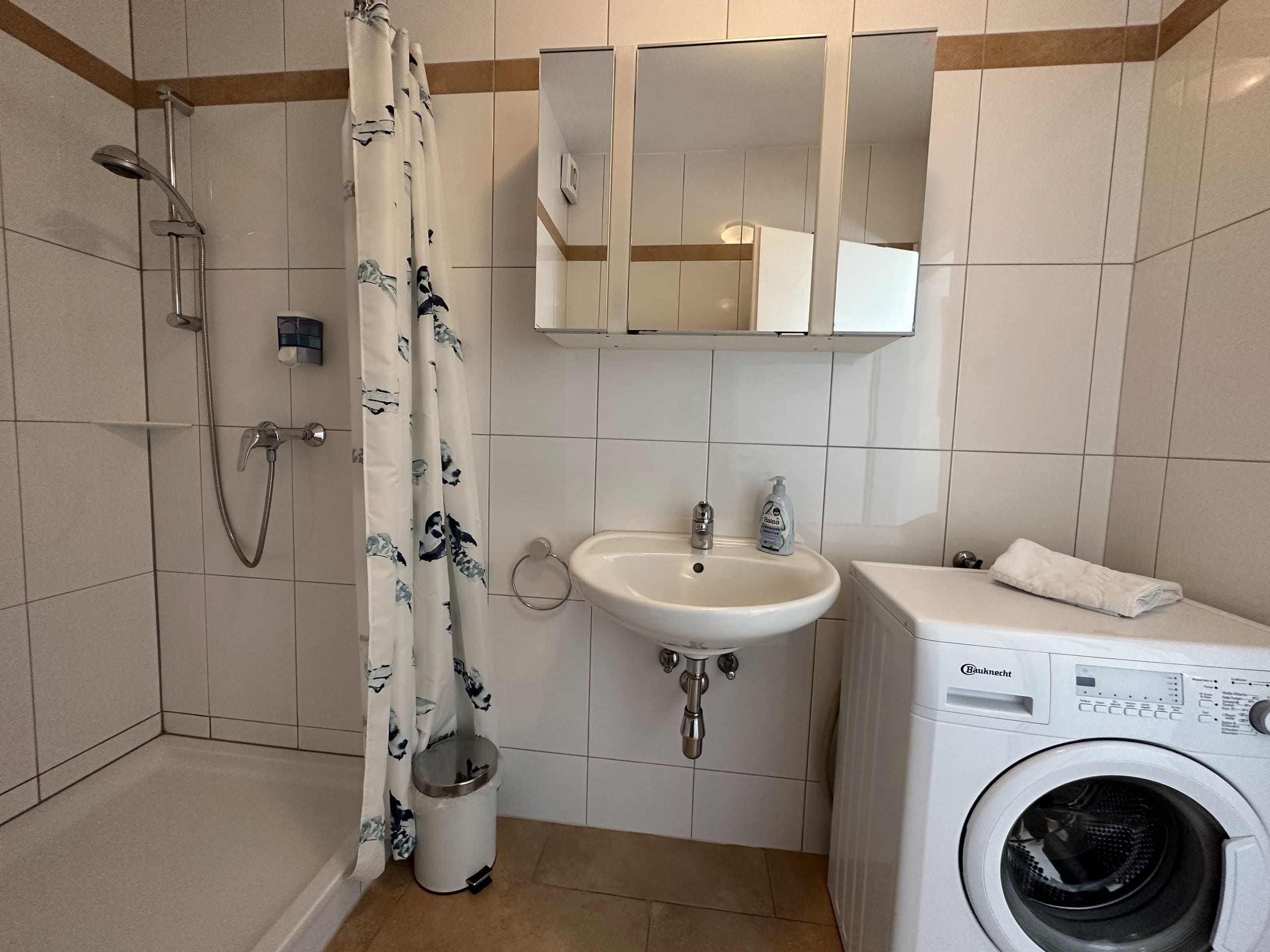 Une salle de bain équipée d’une douche, d’un lavabo, de toilettes et d’un lave-linge.