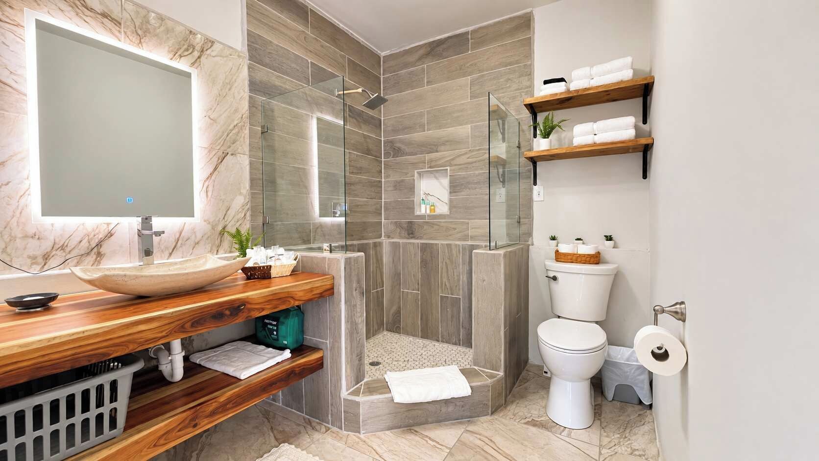 A modern bathroom with a glass-enclosed shower, a marble sink, and wooden shelves with towels.