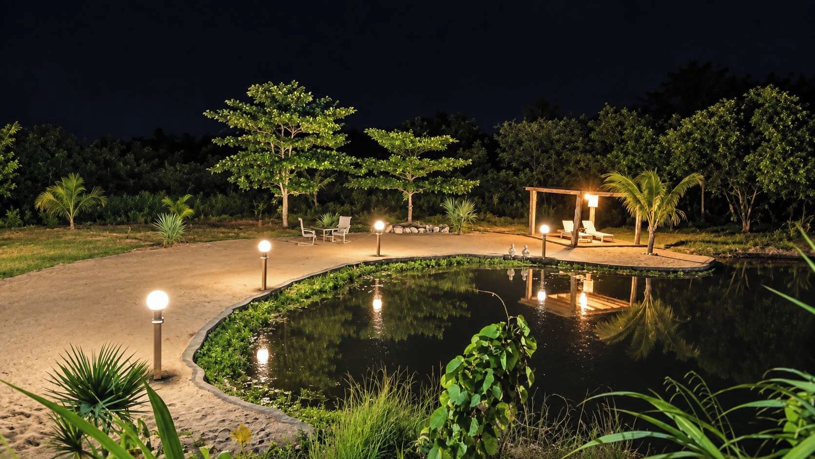 A nighttime outdoor area with a pond, seating, and a wooden structure.