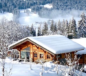 A wooden cabin with a snow-covered roof, surrounded by snow-laden trees and a mountainous backdrop. - Alpavi Chalet - Les Gets - Ski-in/Ski-out (Les Gets)