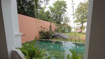 A view of a swimming pool with surrounding greenery and a white wall.