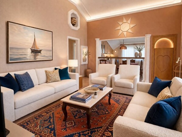 A living room with a sofa, armchairs, a coffee table, and a rug. There is a painting on the wall and a sun-shaped decoration above the door. - Luxury 4-Bedroom Villa with Private Saltwater Pool in Dalyan (Muğla)
