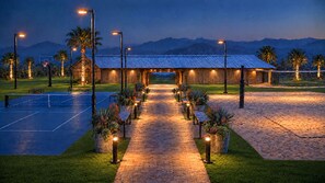 A well-lit outdoor area with a basketball court, pathway lined with potted plants, and a building with a metal roof.