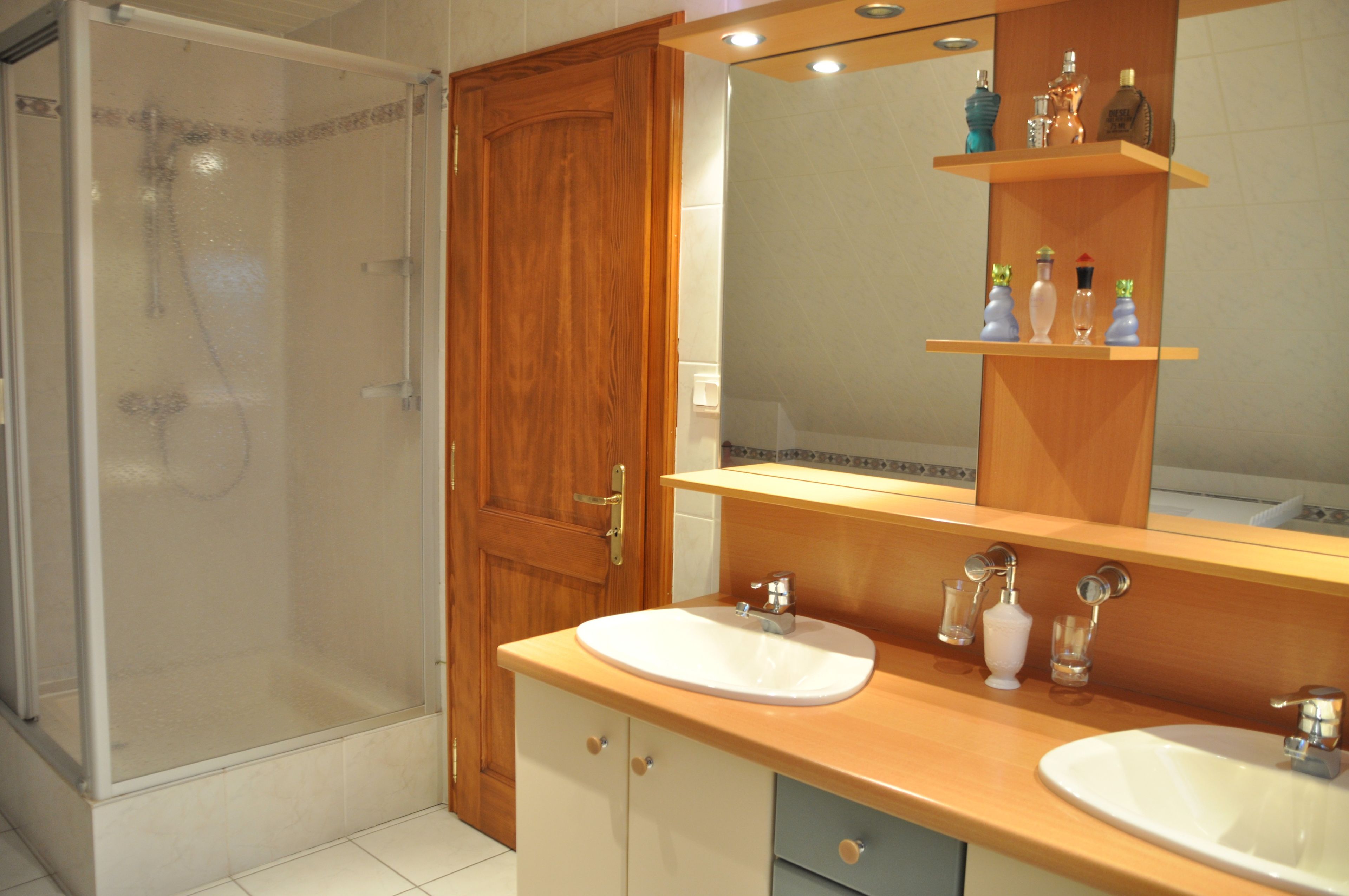 Une salle de bain avec une douche, deux lavabos, un miroir et une étagère contenant des articles de toilette.