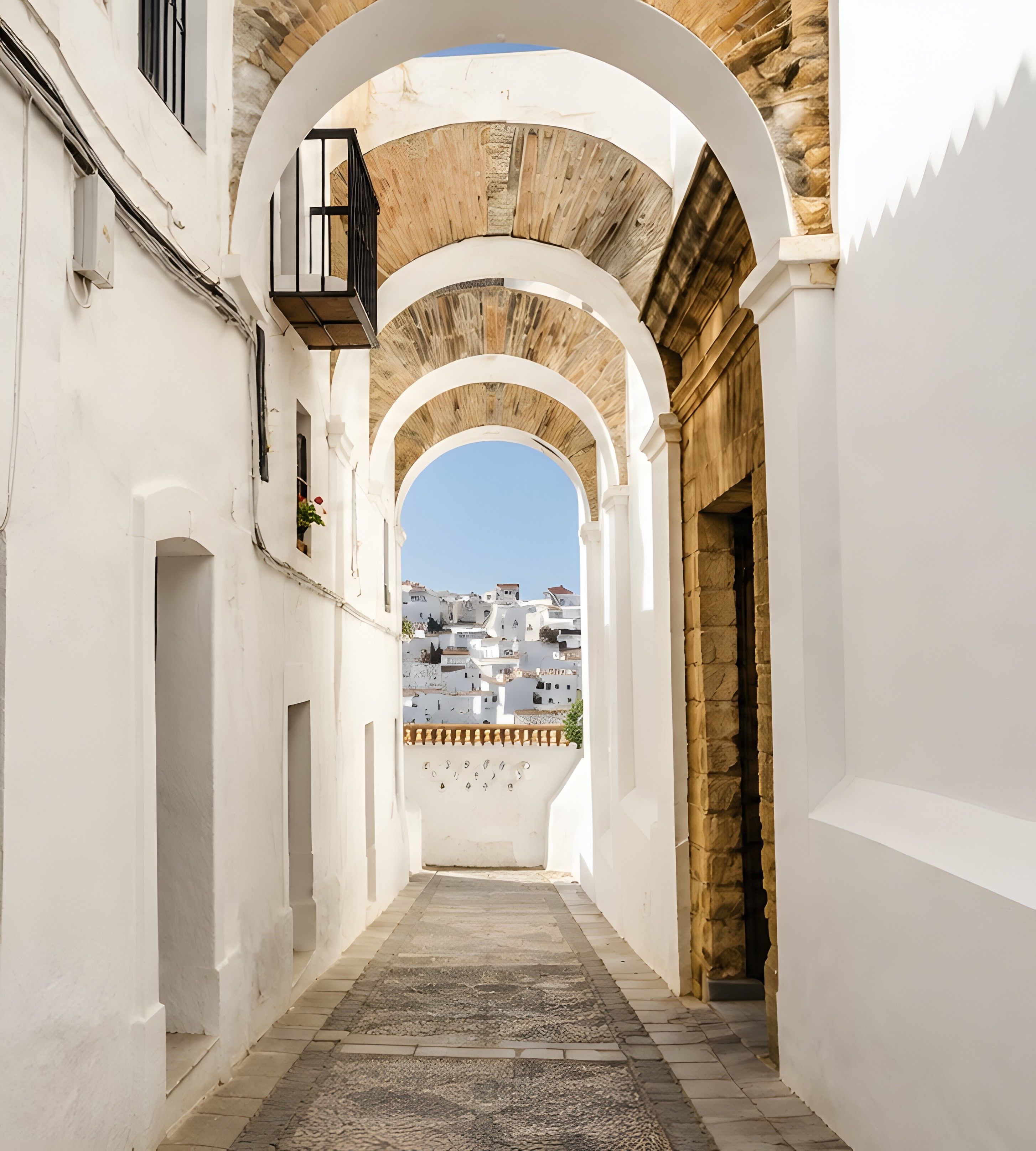 Une ruelle étroite aux murs blancs et aux poutres en bois, qui mène à un point de vue sur des bâtiments blancs se dressant sous un ciel dégagé.
