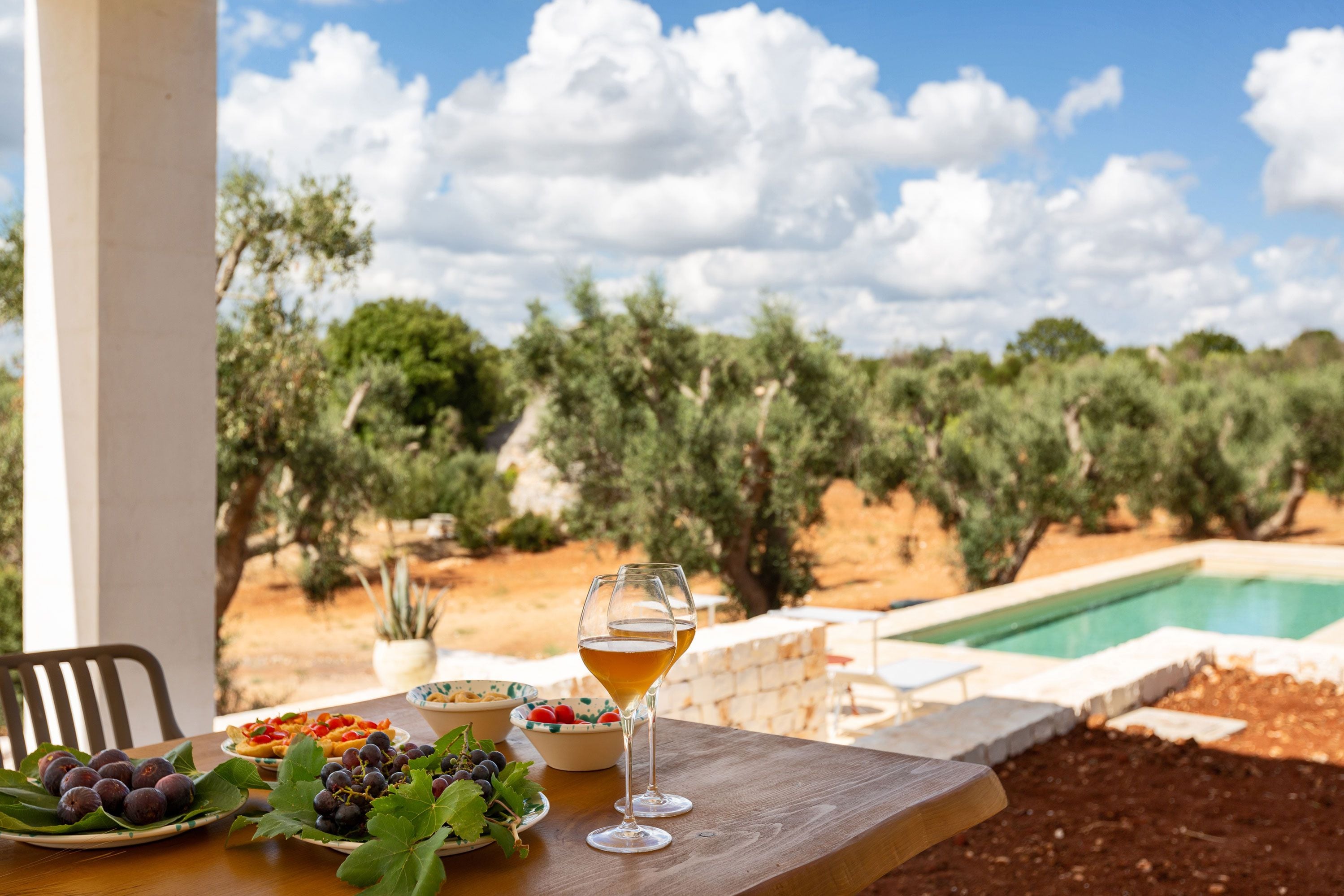 A table with a glass of wine, a plate of grapes, and a bowl of cherries, set against a backdrop of an olive grove and a swimming pool.