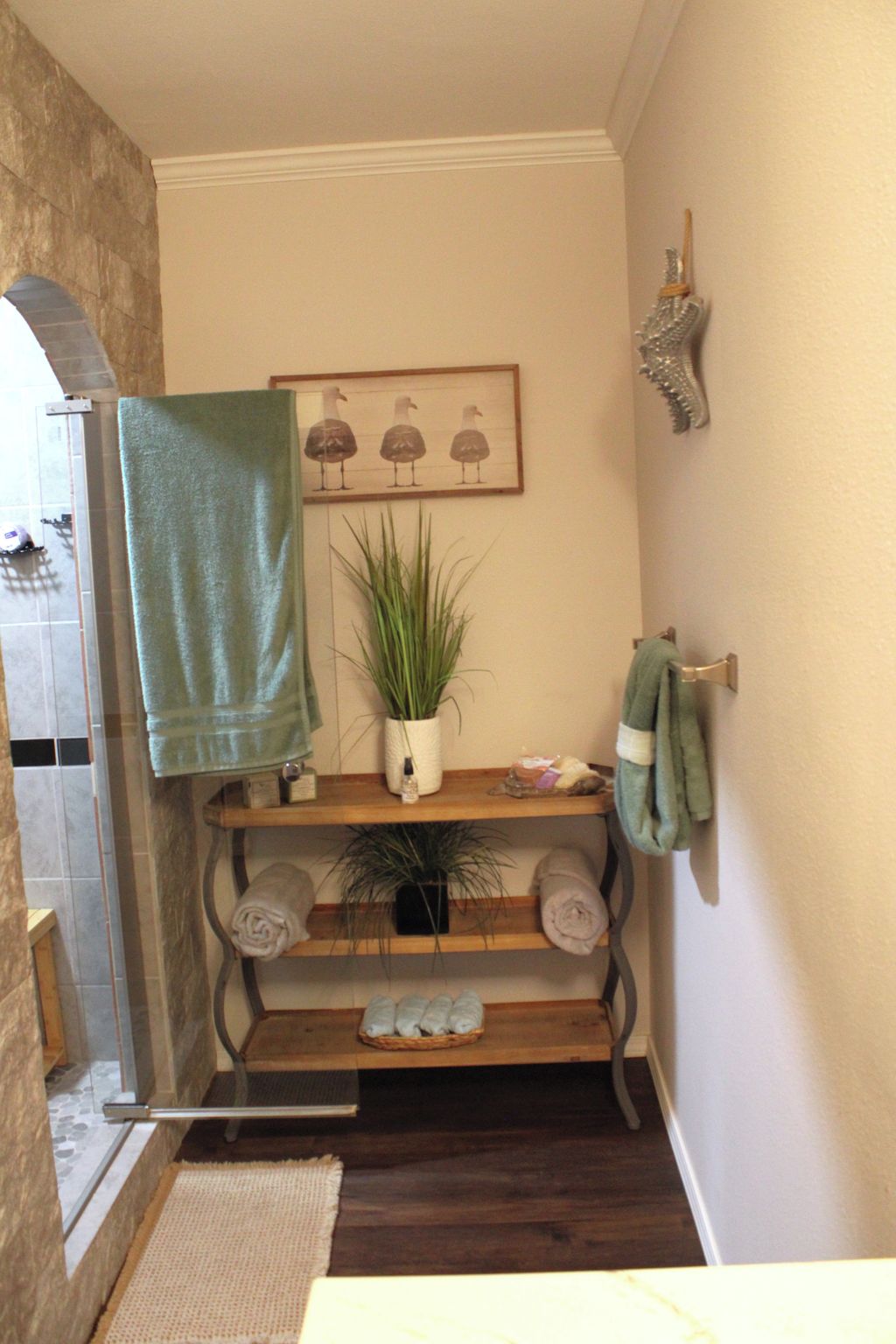 Un baño con ducha, un perchero, un estante con plantas y un cuadro en la pared.