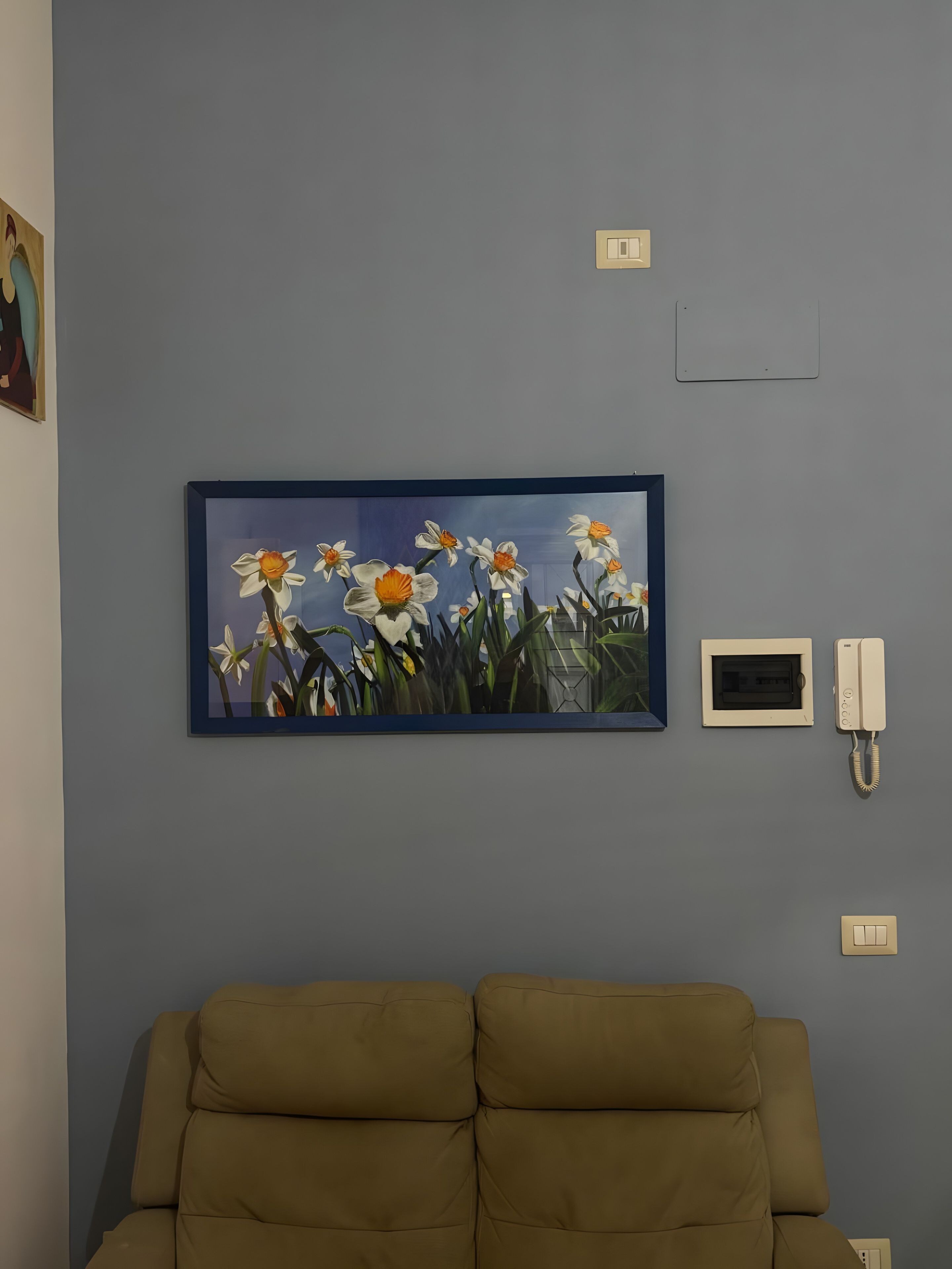 A room with a beige sofa, a framed floral painting, a thermostat, and a telephone on the wall.