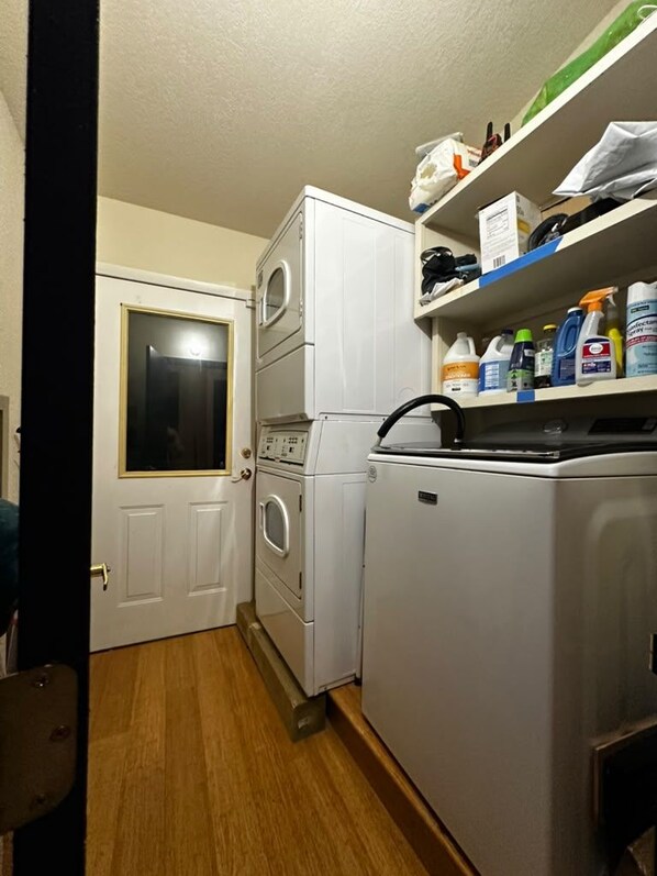 A compact kitchen with a washing machine, a refrigerator, and a shelf with cleaning supplies. - Secluded Mountain Master Suite with Sauna & Jacuzzi (Hot Springs)