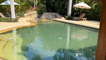 Una piscina con borde de piedra, rodeada de sillones de playa y sombrillas, con palmeras al fondo.
